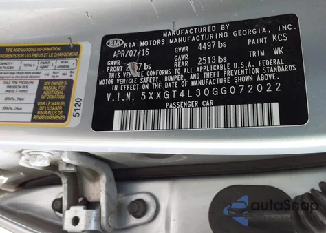 2016 Kia Optima Lx from USA, damaged, VIN 5XXGT4L30GG072022